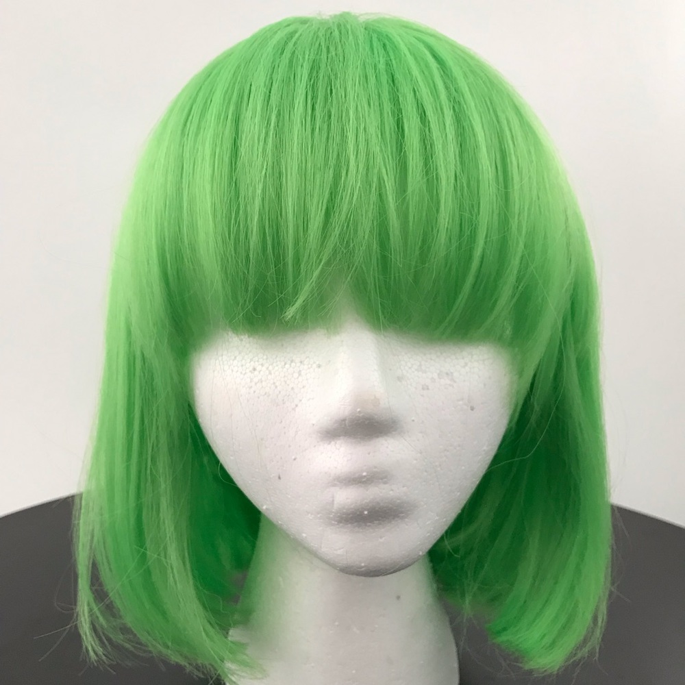Bright green wig, bob hair style with blunt bangs
